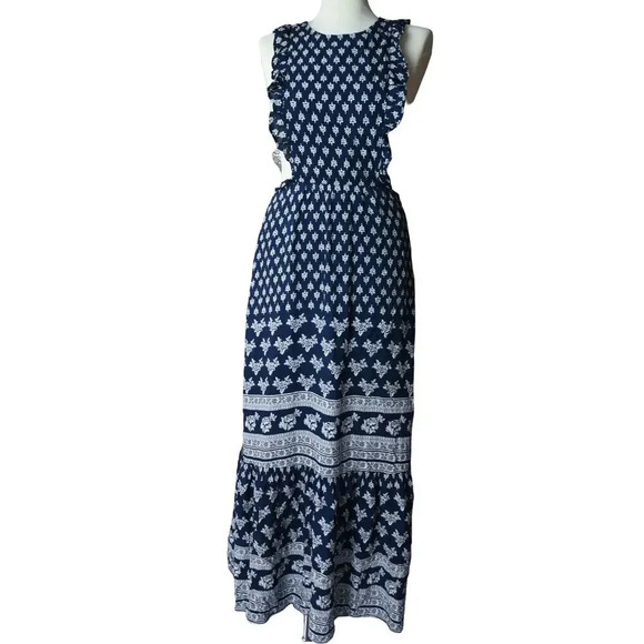 Sadie & Sage Apron Cottagecore Country Midi Dress Top Navy Sz S Ruffle Prairie - Picture 1 of 12